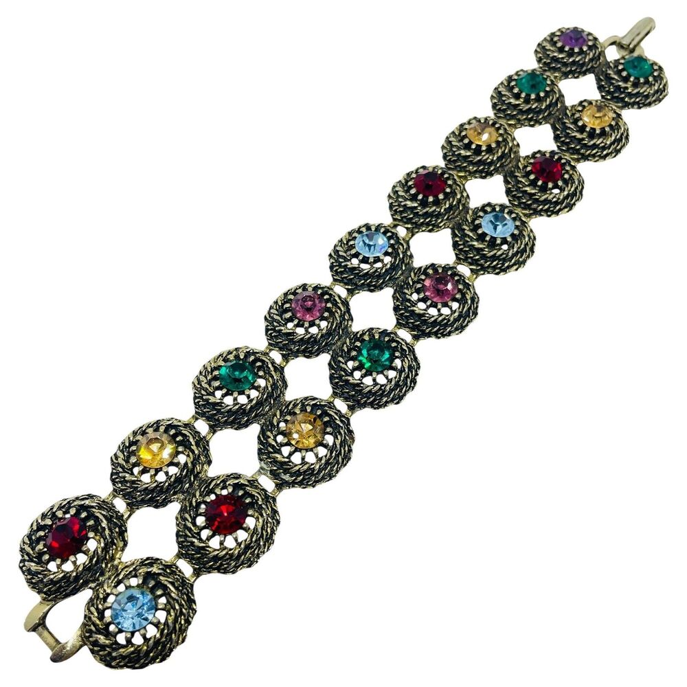 JUDY LEE signed vintage gold tone colorful jewel rhinestone designer bracelet